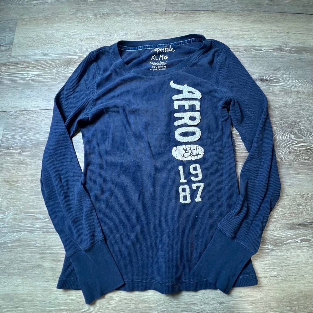 Aeropostale Thermal Shirt Womens XL Navy Blue Waffle Knit Graphic Long Sleeve